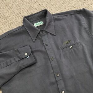 Crocodile Original 100 Mens Long Sleeve Button Down Shirt Grey Logo Vintage
